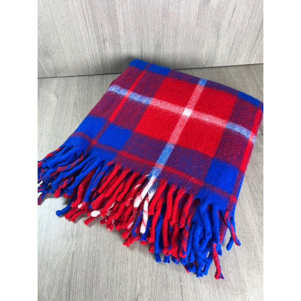 Faribo Faribault Woolen Mill Red Blue Plaid Acrylic Fringe Throw Blanket USA